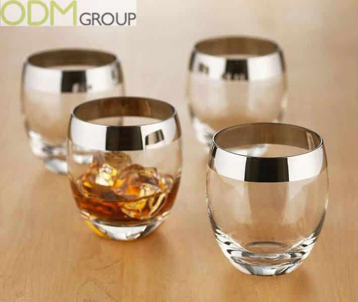 Liquor promotional products: Metallic rimmed whiskey glasses
