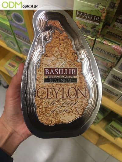 Basilur's Tea Ceylon map custom tin packaging with an old Ceylon map.