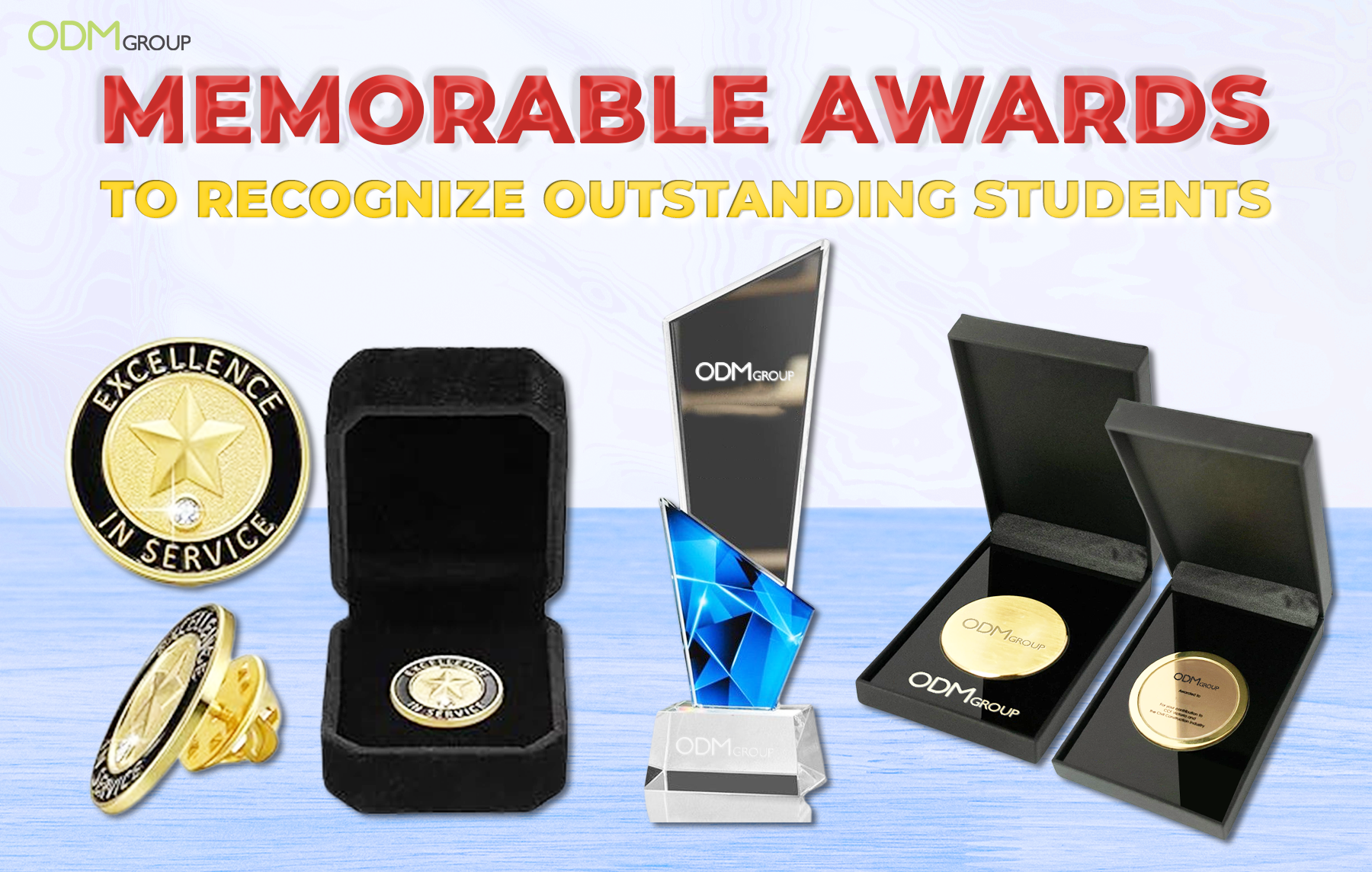 Variety of gold medals and crystal trophies.