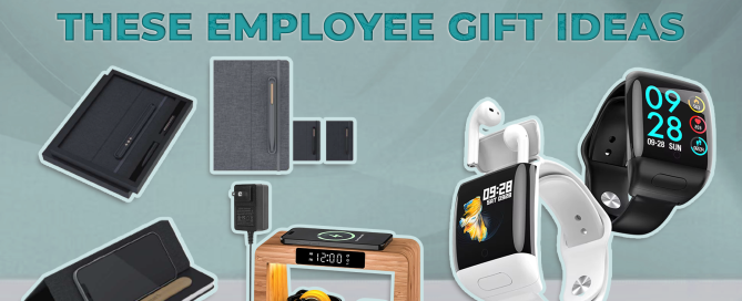 Collage of employee gift ideas including a notebook with phone holder, wireless charging station, and smart watch with earbuds.