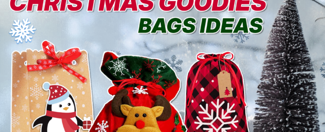 Simple and sweet Christmas goodie bags ideas to delight your employees.- Three Christmas goodie bags featuring festive designs with a penguin, reindeer, and snowflake theme.
