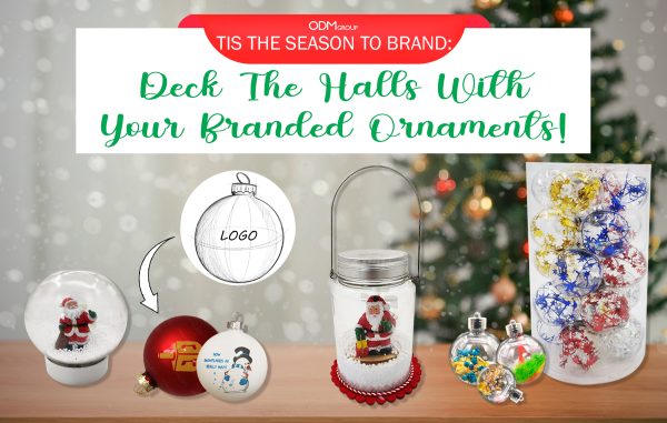 Assortment of branded Christmas ornaments for corporate Christmas gif ideas.