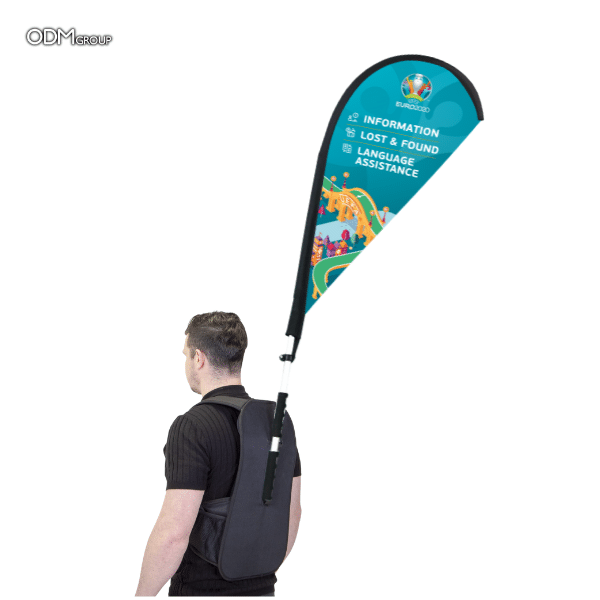 Wearable backpack flag for Euro 2024 featuring custom branding for information