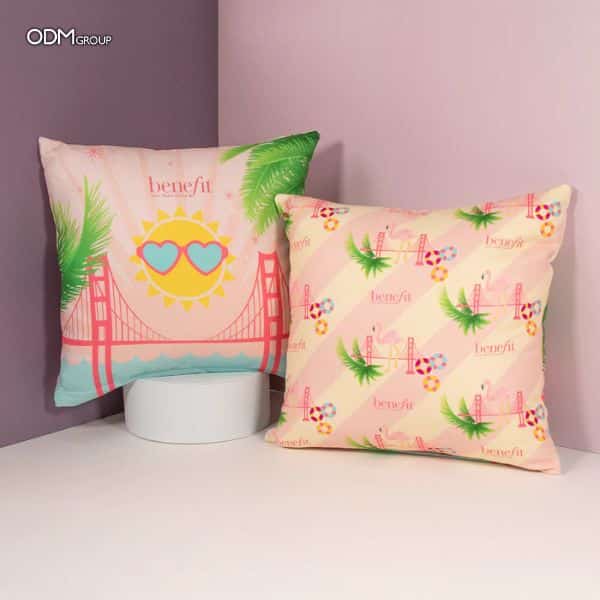 Benefit Cosmetics themed custom cushions for vibrant marketing campaigns