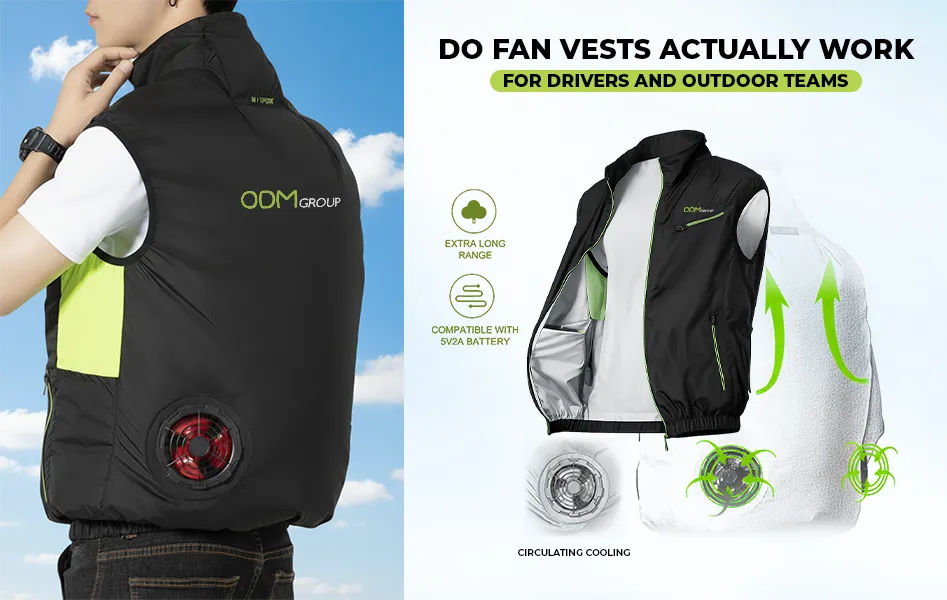 Fan vest designed for outdoor work environments with built-in cooling fans