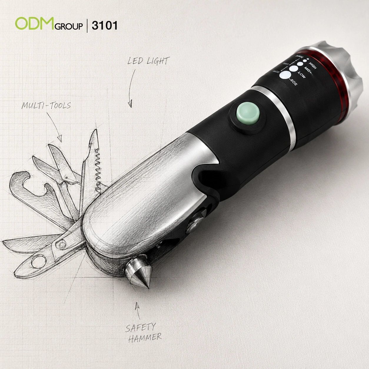 7-in-1 flashlight with logo sketch