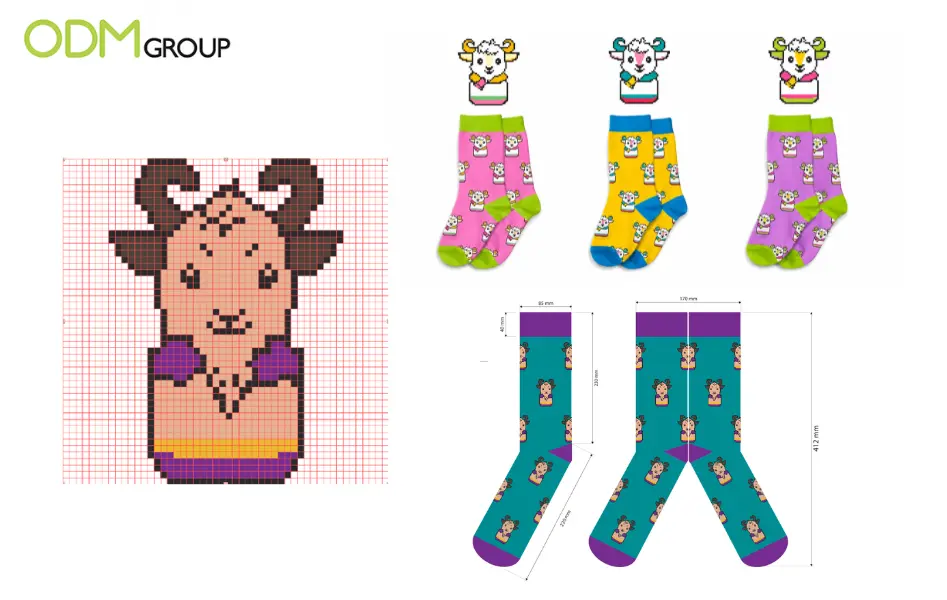 how-to-make-a-sock-design Technical sock mock-up sheet showing size dimensions alongside pixelated Gary the Fire Goat character art and three sock color variations.