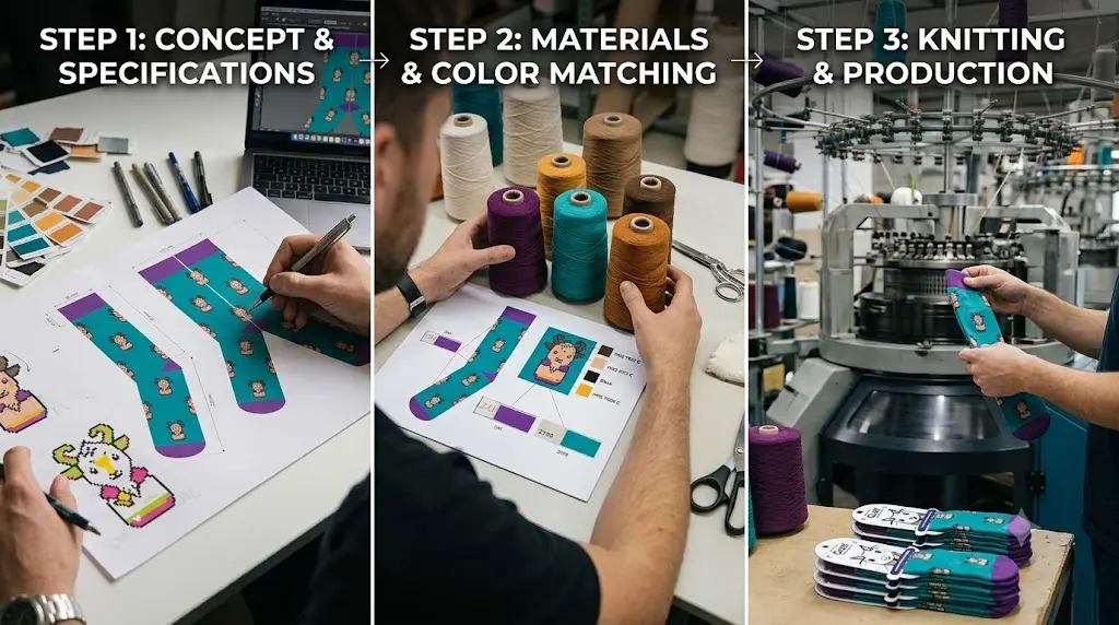 how-to-make-crew-socks A three-step crew sock production workflow displaying concept and specifications, material and yarn color matching, and knitting machine production.
